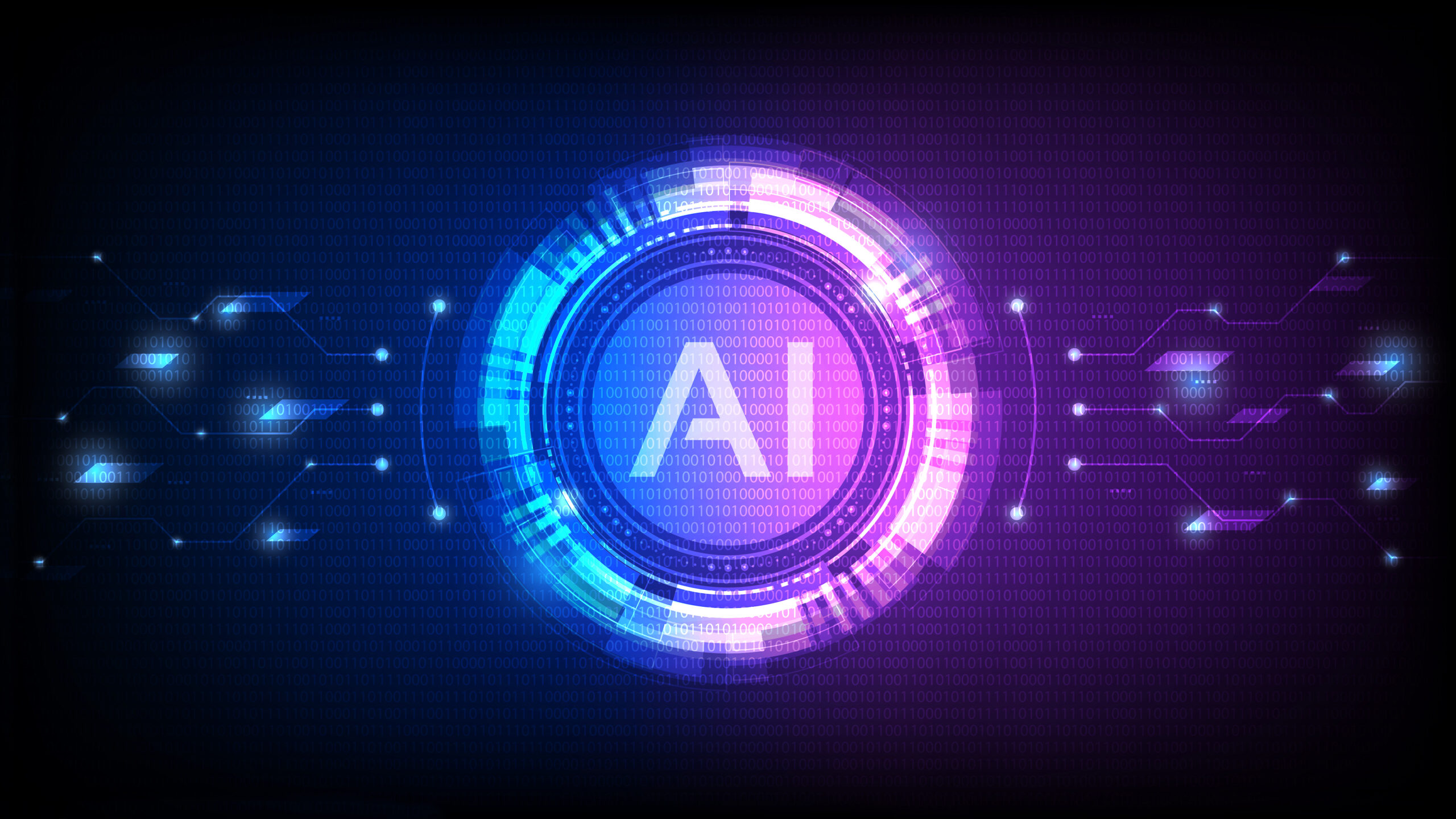An AI hologram displaying the word 'AI' prominently in the center, surrounded by dynamic digital elements, symbolizing advanced technology and innovation