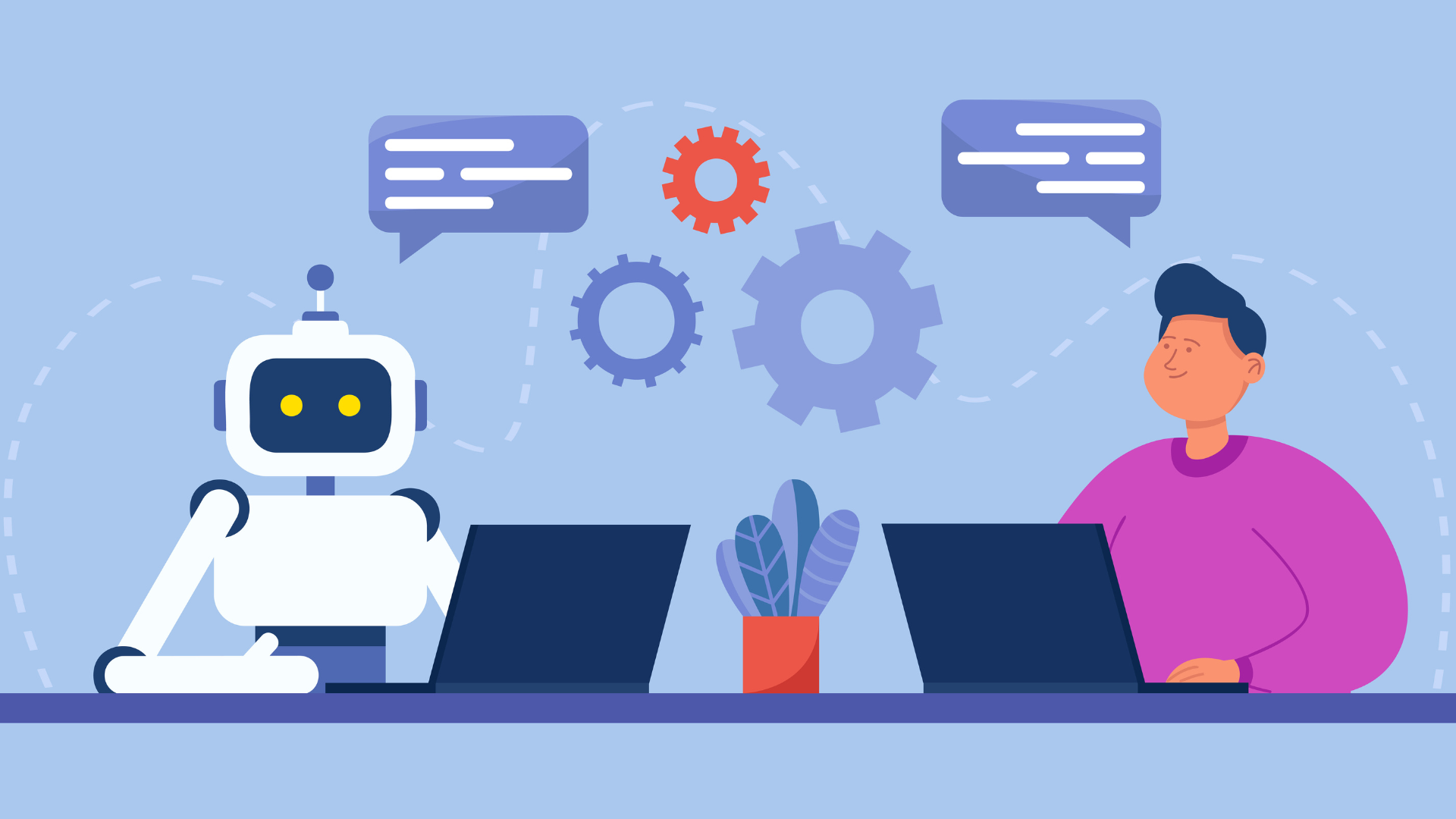 an illustration of a chatbot and an human to summarize Empowering the modern workplace through automation