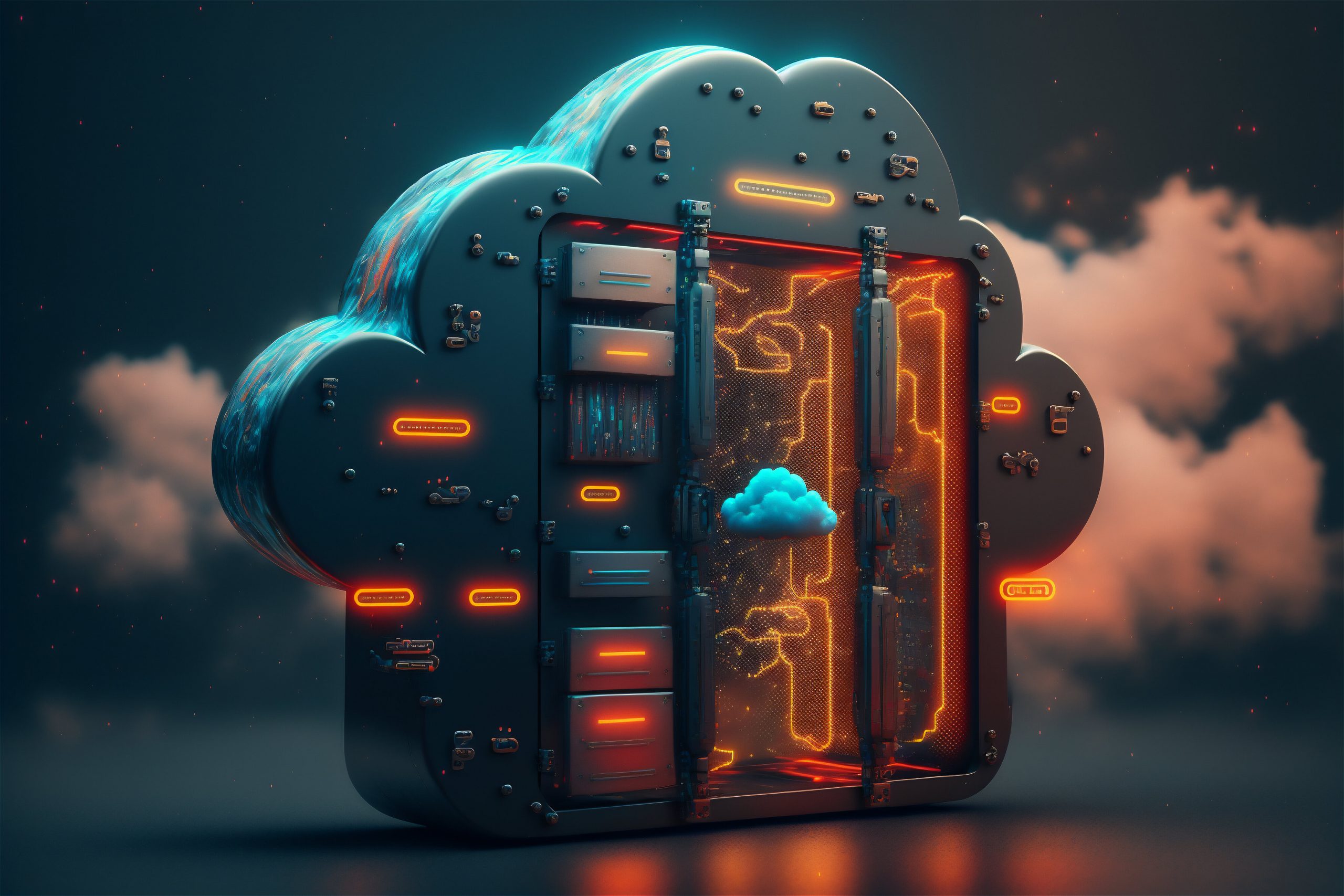 Abstract image of a cloud with a CPU chip inside, symbolizing cloud computing and data integration, with soft blue tones and subtle data flow lines