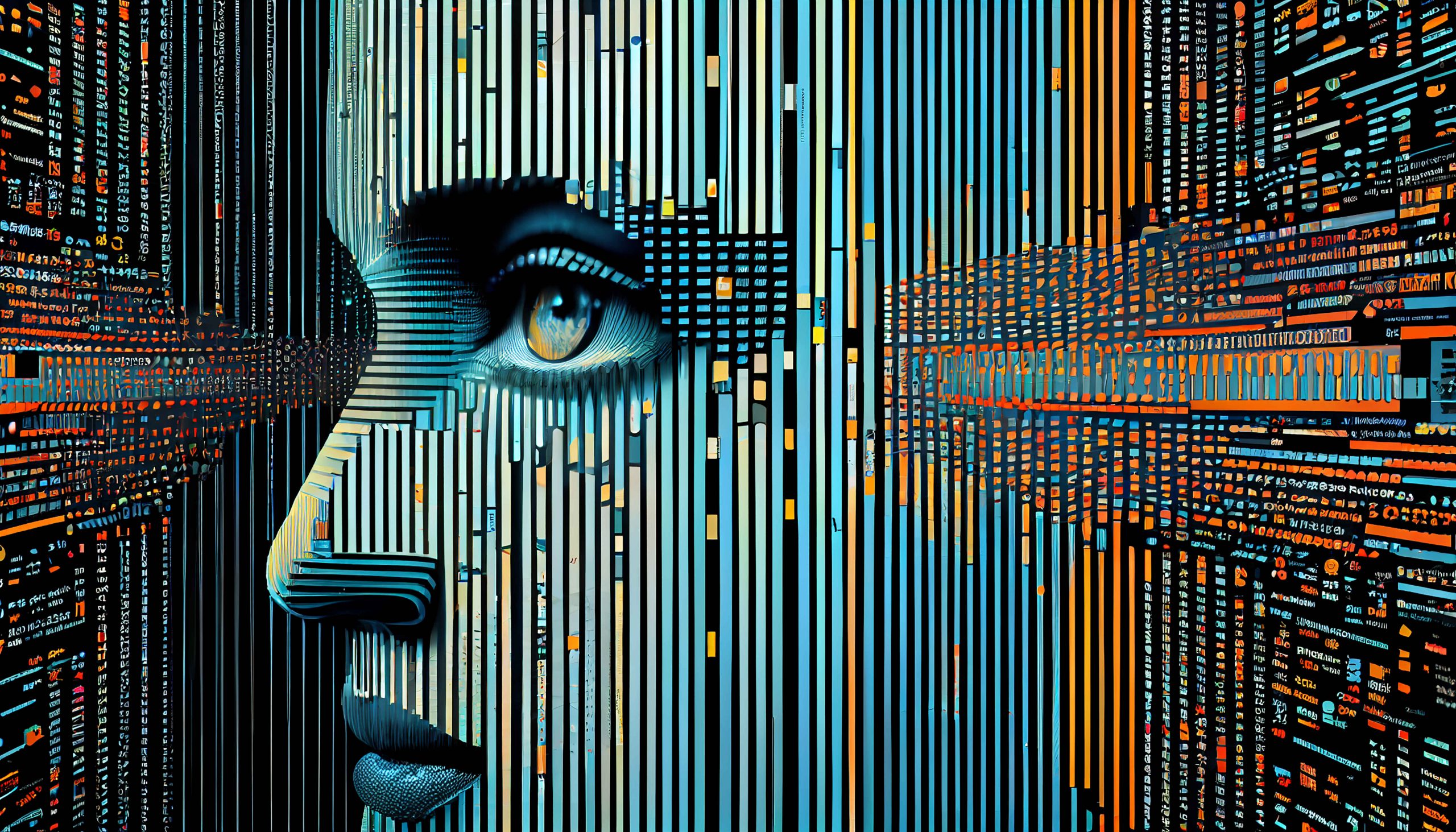 A humanoid face in shades of blue, designed with intricate digital patterns and glowing lines, reflecting a futuristic, AI-created appearance. The features blend robotic and human-like elements, with slightly glowing eyes, evoking intelligence and awareness.