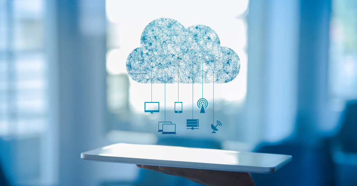 An image of a tablet with a cloud above it, symbolizing data migration, with arrows indicating movement of data from the tablet to the cloud