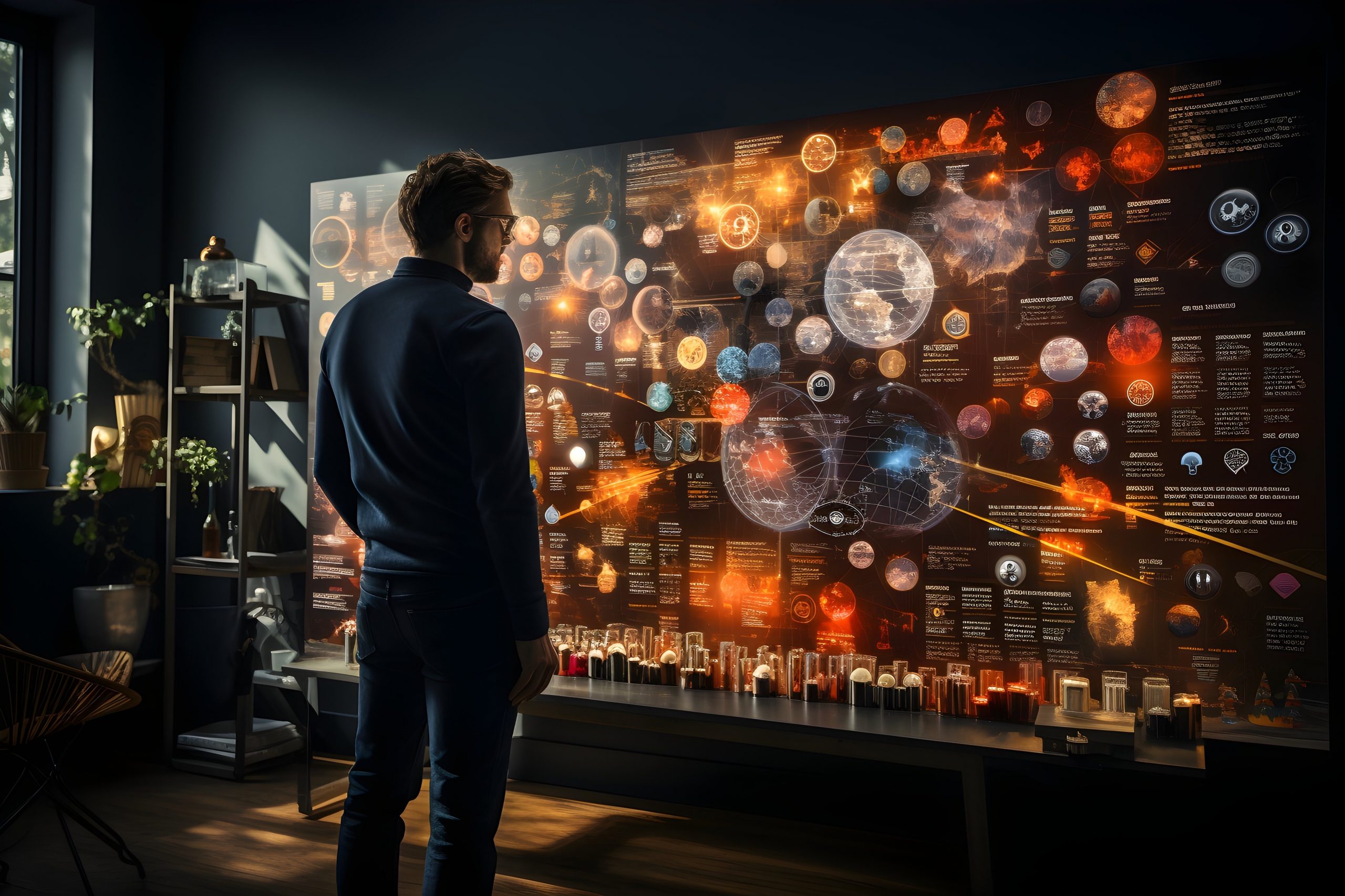 A man stands before a massive display screen, intently observing as data and AI-driven processes unfold in real-time.