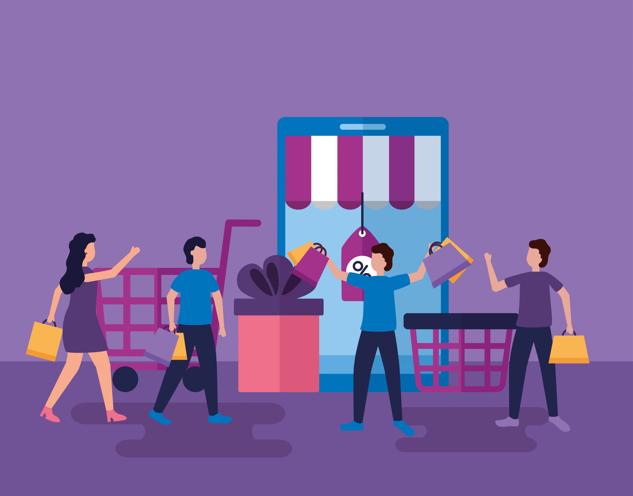 Illustration of diverse people engaging in shopping activities with shopping carts in front of a small shop, symbolizing the digital transformation journey for small and medium businesses