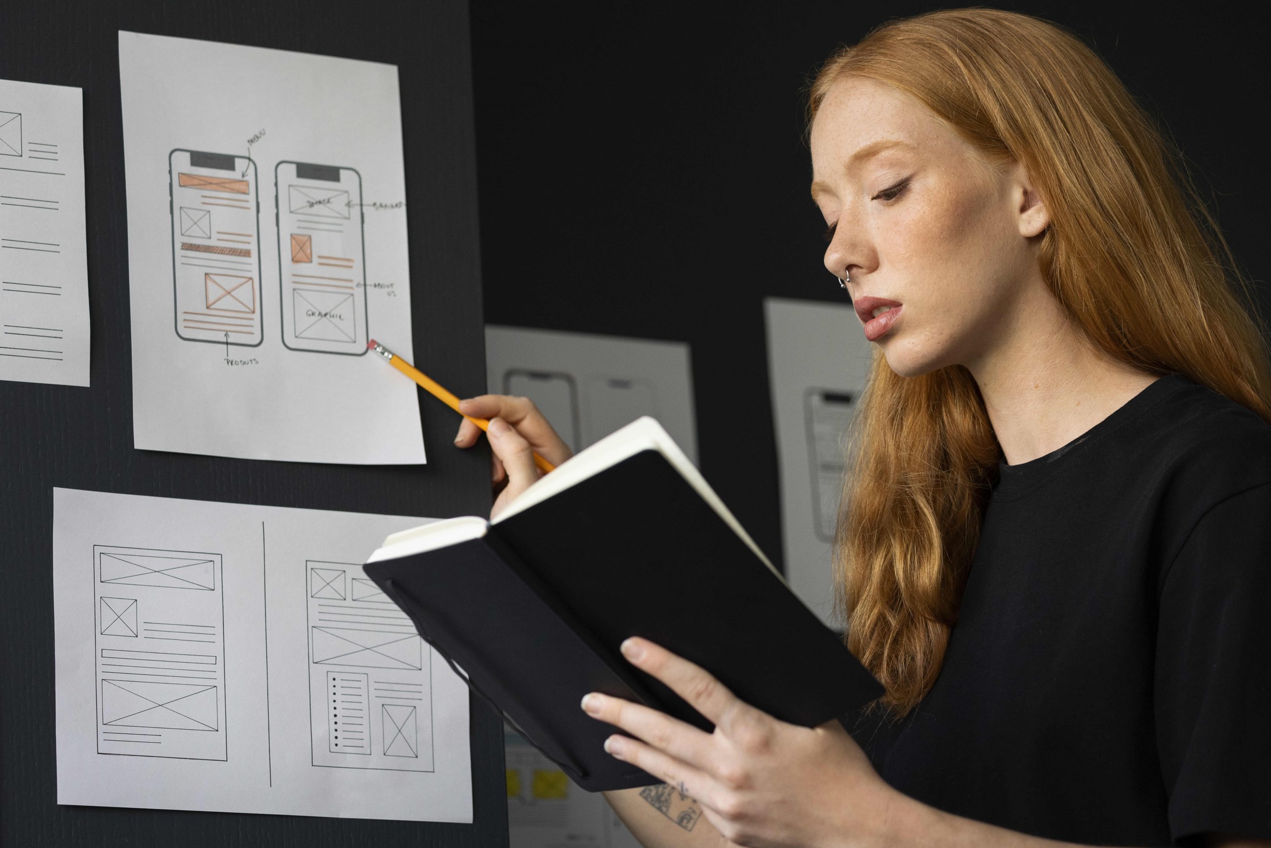 A woman analyzing product architecture language on a digital interface, symbolizing the intersection of design and technology in product development