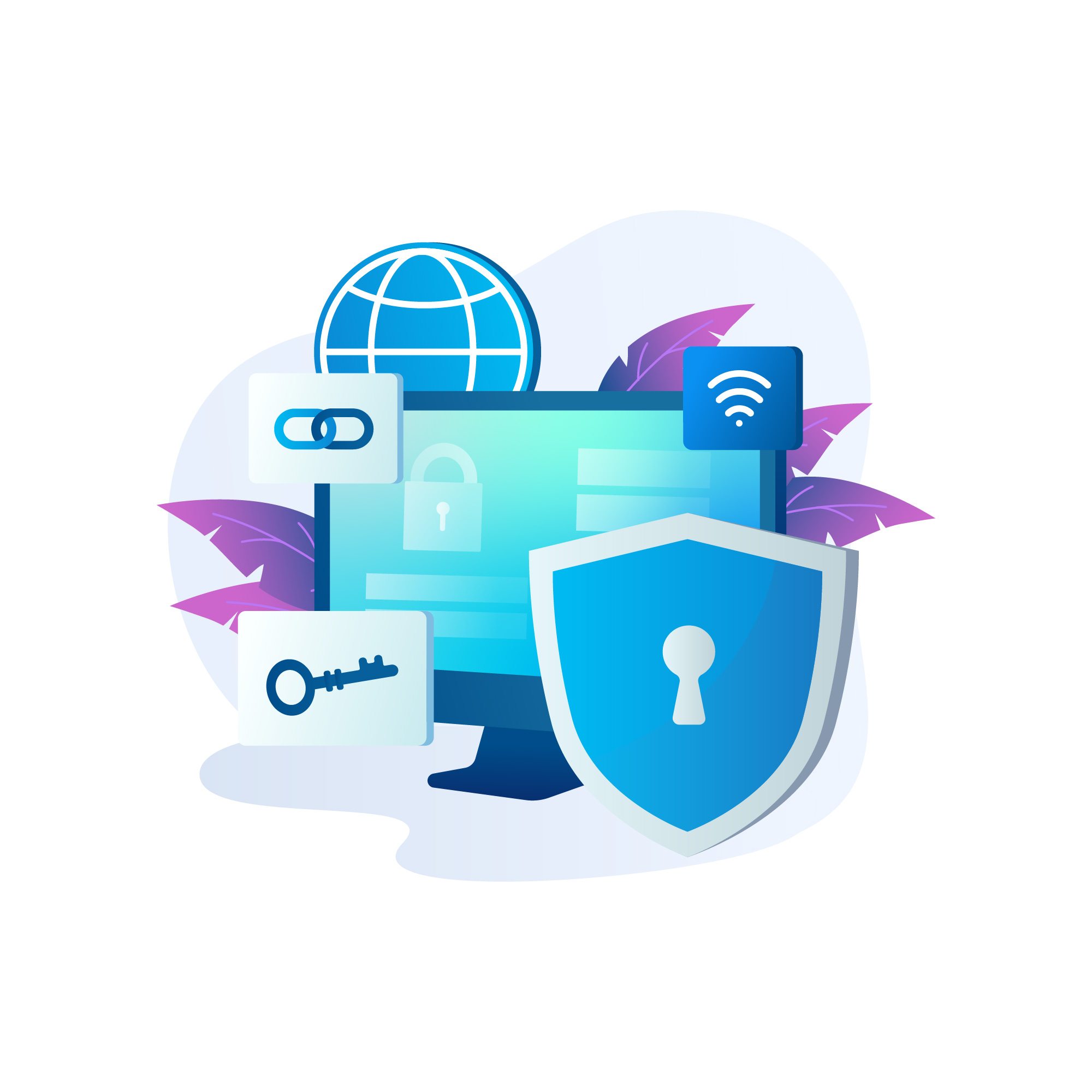 An illustration of security in a SaaS ecosystem, depicting layered defenses with shields, a lock symbol for data protection, and multiple users representing shared responsibility. The image also includes icons for user education and vigilance, highlighting the importance of security in a thriving SaaS market.
