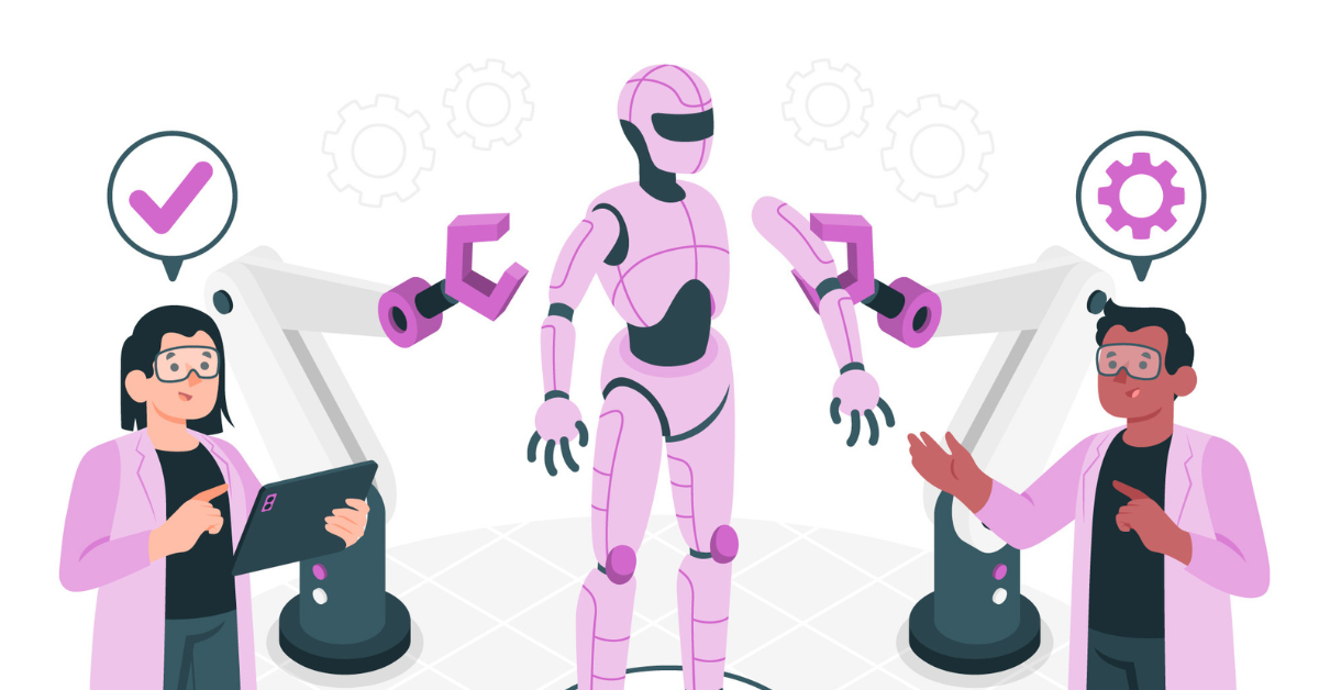 A vector image depicting two people, one on the left with a check mark above them and one on the right with an 'X.' A robot stands in the center, symbolizing how AI powers risk management for the future through human-AI collaboration