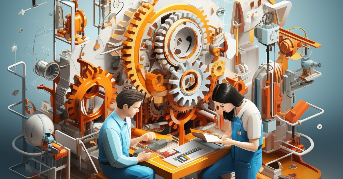 machine screw in the center with a man and a woman on each side working with machines, symbolizing the balance of high-tech tools and human interaction in business.