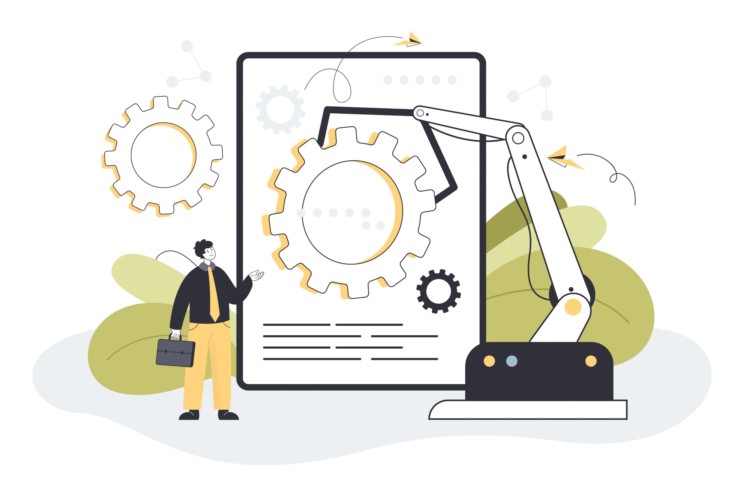 Vector illustration of a robot holding a bolt screw with a person standing in front, symbolizing transforming-businesses-with-ai-automation and human collaboration.