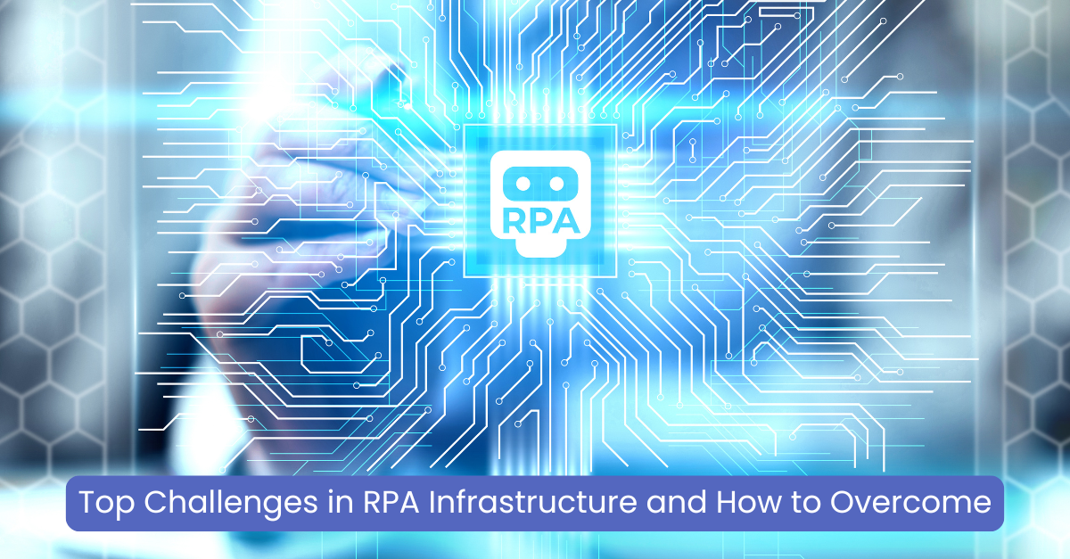 Ai generated background image with the text Top-Challenges-in-RPA-Infrastructure-on the foreground