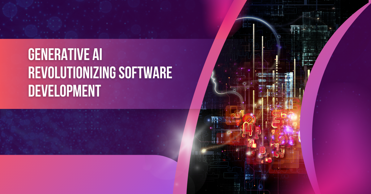 An AI-themed image with a purple gradient on the side and the text "Generative AI revolutionizes software development" prominently displayed in the foreground.