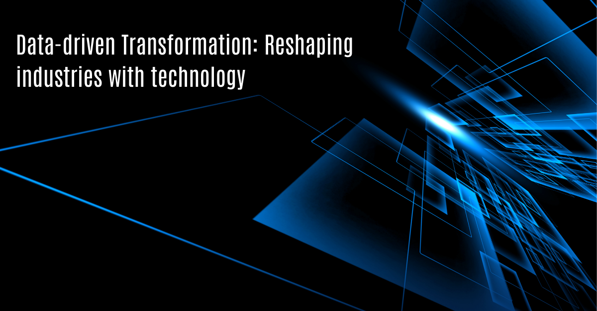 an abstract blue and black background with text How Data-Driven Transformation is Shaping Industries with Tech Innovation in the foreground