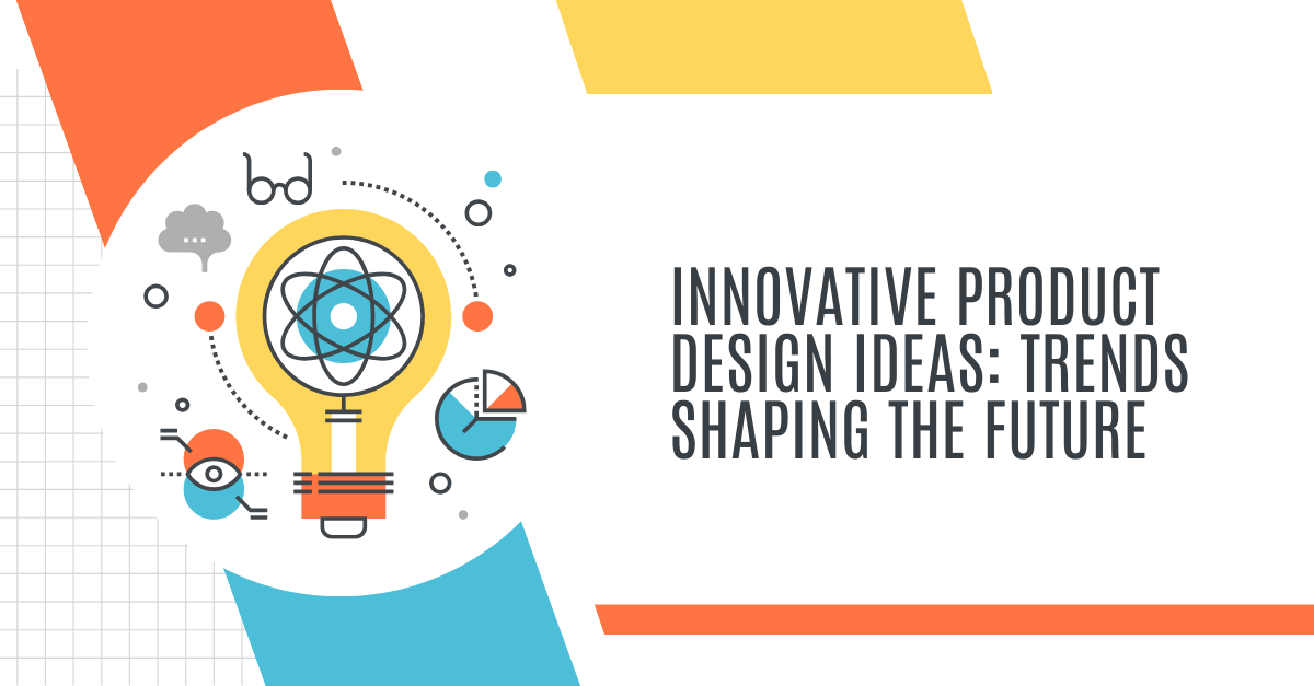 Vector image featuring the text "Innovative Product Design Ideas: Trends Shaping the Future" along with design elements representing creativity and technology