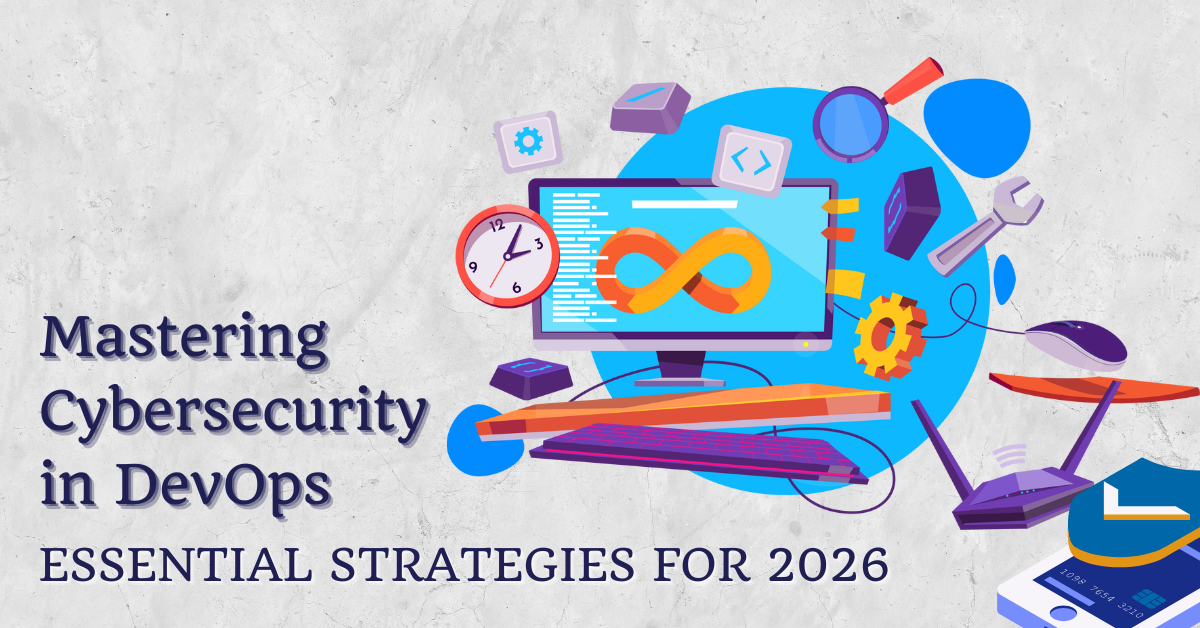 Illustration featuring a digital security theme with an AI brain in the background and the text “Mastering Cybersecurity in DevOps” prominently displayed.