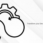 a white abstract background with DevOps and automation symbol and with text Transform your DevOps with automation