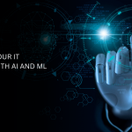 Robot hand on a black background with foreground text: Enhance your IT security with AI and ML in 2025.