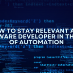 Blue screen with lines of code running in the background, foreground text reads 'How to stay relevant as a software developer in the age of automation