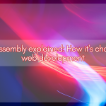 Red abstract background symbolizing WebAssembly, with foreground text showing “WebAssembly in web development today