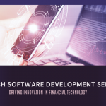 A hand holding a smartphone with glowing holographic financial charts, overlaid on a laptop displaying stock market graphs. White text reads: "Fintech software development services driving innovation in financial technology." The background has a dark purple gradient.