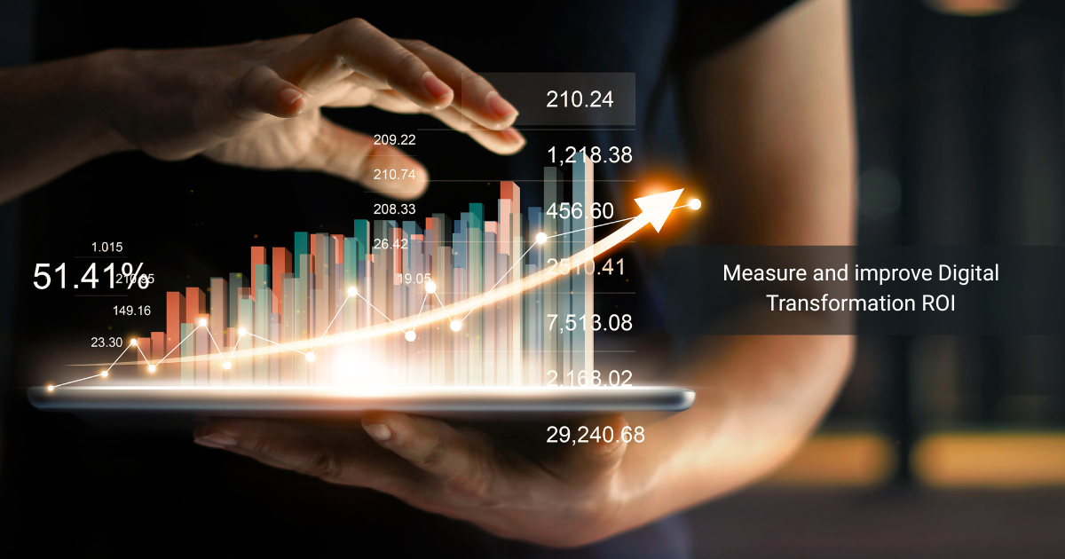 A person holds a tablet displaying a digital dashboard with a cityscape histogram and an upward-trending line graph. Text on the right reads "Measure and Improve Digital Transformation ROI." The background is dark, emphasizing the illuminated data visuals.