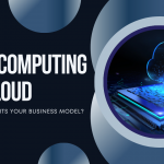 Visual comparison of edge computing vs cloud computing with a digital cloud icon emerging from a microchip, representing data processing.