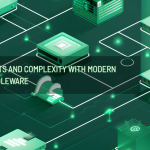 A digital illustration featuring interconnected green server blocks on a circuit-like background, with glowing lines and nodes. Text overlay reads: "Reducing Costs and Complexity with Modern Database Middleware." The scene emphasizes technology and database middleware solutions.