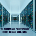 Database middleware in modern data center with rows of illuminated server racks, representing business investment in IT infrastructure.