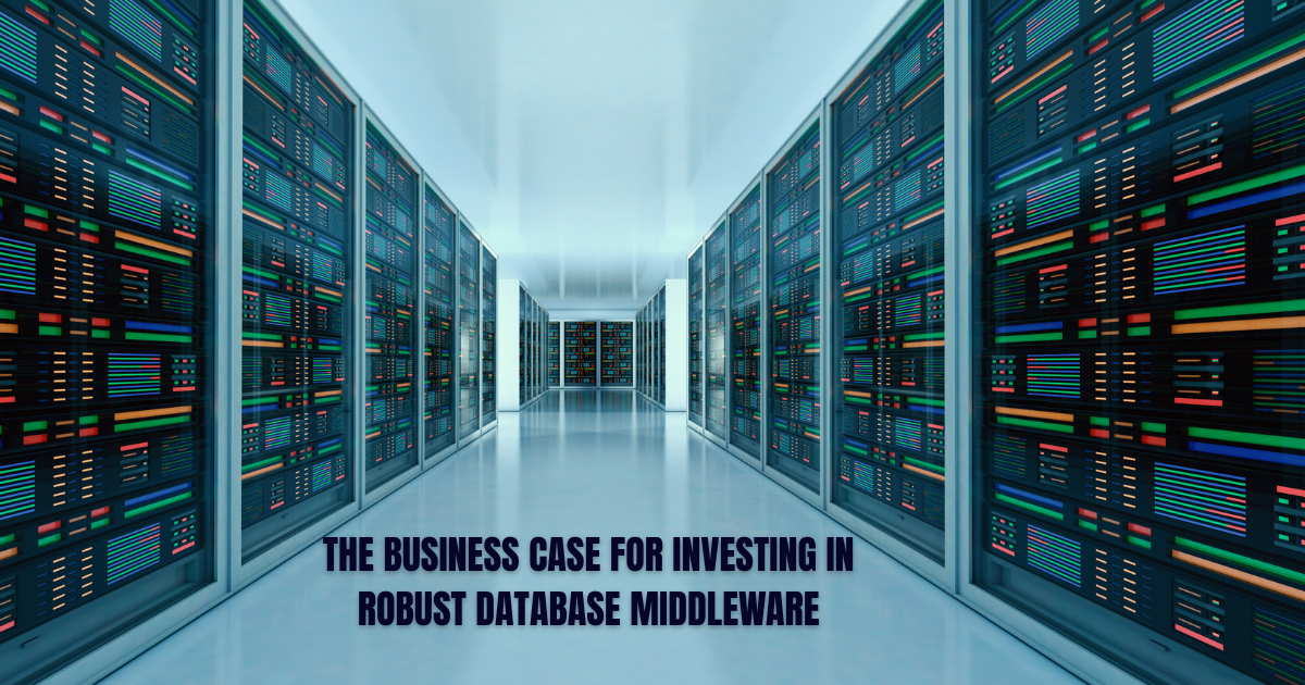 Database middleware in modern data center with rows of illuminated server racks, representing business investment in IT infrastructure.
