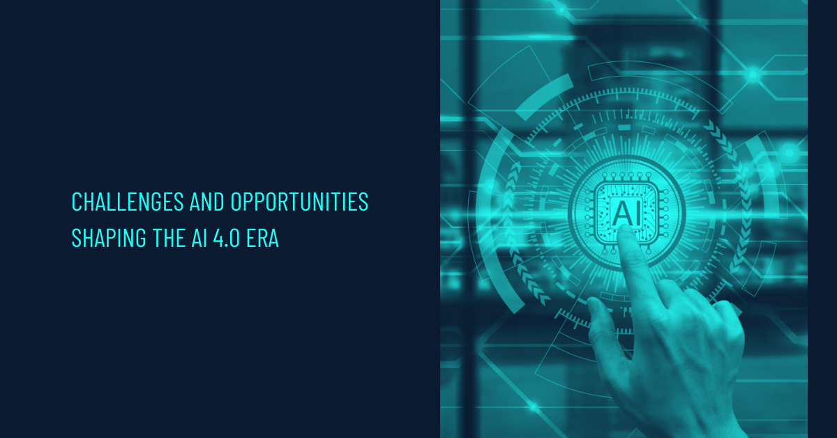 Challenges & Opportunities in the AI 4.0 showing enterprise AI governance, security controls, and human decision accountability